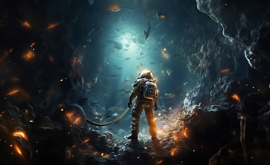 Image showing an astronaut and their team exploring mysterious and adventurous locations in space, embarking on a cosmic journey to uncover the wonders and mysteries of the universe.Generated image