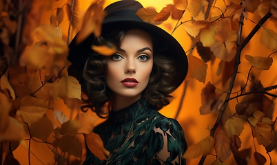 Image showing A modern woman with beautiful facial contours, gracefully posed amidst the backdrop of autumn leaves, exuding elegance and serenity in a picturesque outdoor setting.Generated image