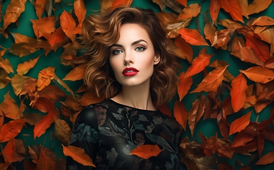 Image showing A modern woman with beautiful facial contours, gracefully posed amidst the backdrop of autumn leaves, exuding elegance and serenity in a picturesque outdoor setting.Generated image