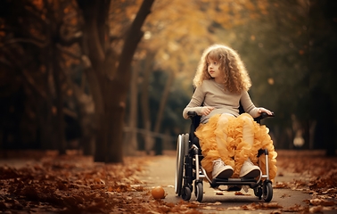 Image showing sweet girl confined to a wheelchair, enjoying a beautiful autumn day with a serene and content expression, showcasing her resilience and ability to find joy amidst life's challenges.Generated image