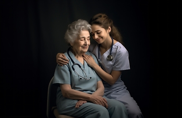 Image showing A nurse embracing an elderly woman in a dimly lit room, providing her with care, support, and comfort, symbolizing the compassion and empathy inherent in healthcare professions.Generated image