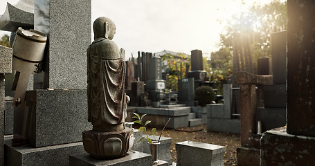Image showing Japan, prayer hands and buddhist statue at graveyard for spiritual religion in Tokyo. Jizo sculpture, cemetery or gravestone for memorial service, culture and traditional tombstone for worship or zen