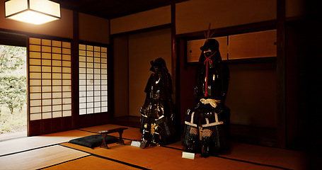 Image showing Japan, armor and warrior of samurai gear, statue or protection for tradition or culture. Empty room with Japanese clothing for medieval war in ancient as symbol of honor, courage or strength in dojo