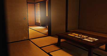 Image showing Interior, dojo or house in Japan of temple, tradition or culture with wooden table and structure. Empty room of Japanese home, furniture or building in Tokyo with carpet, tatami mat or bamboo floor