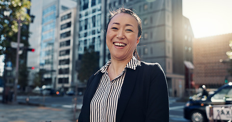 Image showing Business, laugh and portrait of Japanese woman in city for morning commute, travel and walking. Professional, corporate and worker with ambition, pride and confident for career, work and job in Tokyo