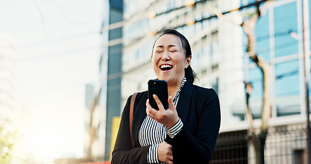 Image showing Japanese woman, phone call and funny in city with laugh, chat and networking on metro sidewalk. Business person, employee and speaker with smartphone, comic conversation or talking on street in Tokyo