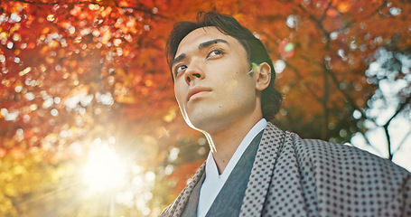 Image showing Man in garden, Asian and peace, thinking about life with reflection and tranquility in traditional clothes. Travel, Japanese park and nature for fresh air, inspiration or insight with sunshine