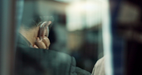 Image showing Japan businessman, travel and train in headphones, podcast and public transportation on metro bullet. Professional, person or suit in fast vehicle in motion blur, work trip or digital audio playlist