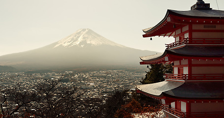 Image showing Mountain, landscape and Japanese temple with environment, nature and village in Japan. Traditional, culture and religion, building outdoor and ancient architecture with travel, hill and mockup space