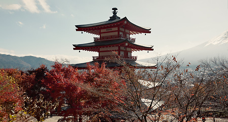 Image showing Shinto temple, building and trees in nature for religion, faith and landscape with mountains by sky background. Traditional architecture, praise and worship in environment for culture, peace and calm