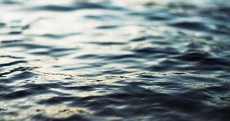 Image showing Water, ripple and nature with environment and lake, river or ocean with waves, calm and closeup. Earth, sea and natural background, moving liquid is tranquil and abstract with texture and light