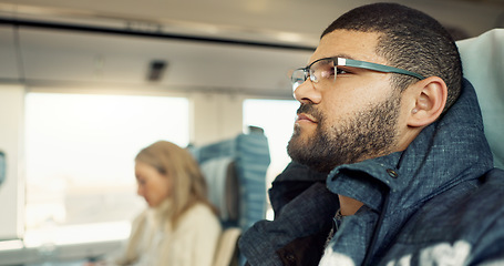 Image showing Thinking, idea and young businessman on a train for public transportation to work in the city. Reflection, planning and professional male person from Mexico commuting to office in urban town.