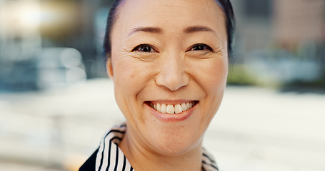 Image showing Mature, Asian woman in city and face with travel or commute to work and professional in Tokyo. Corporate lawyer in urban street, journey to office and happiness in portrait with business mindset