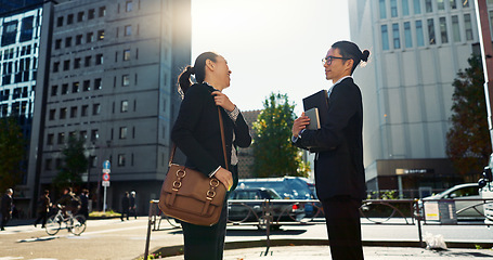 Image showing Asian, business people in city and bow for greeting, conversation with travel and commute to work. Professional man, woman and hello in Tokyo, journey and urban street, communication and respect