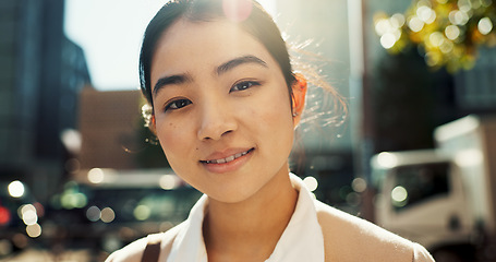 Image showing Japanese, woman in city and face with travel or commute to work, smile and professional in Tokyo. Corporate lawyer in urban street, journey to office and happiness in portrait with business mindset