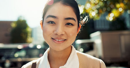 Image showing Japanese, woman in city and face with travel or commute to work, smile and professional in Tokyo. Corporate lawyer in urban street, journey to office and happiness in portrait with business mindset