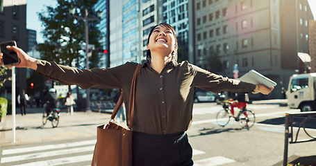 Image showing Dancing, happy and business woman in the city for job promotion, celebration or achievement. Smile, good news and professional young Asian female person moving and commuting in urban town road.