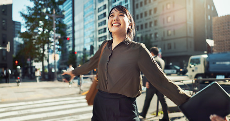 Image showing Dancing, happy and business woman in the city for job promotion, celebration or achievement. Smile, good news and professional young Asian female person moving and commuting in urban town road.