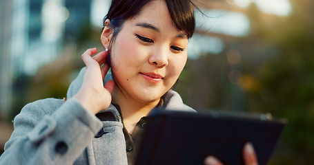 Image showing Asian woman, tablet and city for social media, research or communication in outdoor networking. Face of happy female person smile on technology for online search, chatting or texting in an urban town