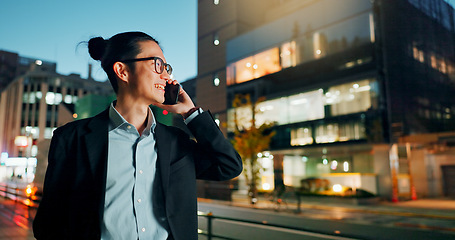 Image showing Businessman, phone call and laughing at night in city for funny joke, conversation or outdoor travel. Happy asian man or employee smile and talking on mobile smartphone in late evening for discussion