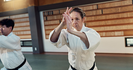 Image showing Students learning aikido, fitness and martial arts training class for self defense and discipline. Combat, fight and education, black belt with Japanese people and workout for exercise in dojo