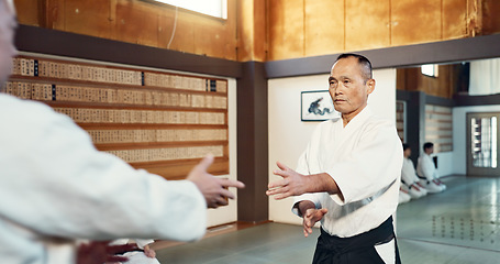 Image showing Japanese sensei, aikido and instructor for fighting, modern martial arts and class in self defence. Teacher, respect and bow as trainer in life energy, man and strong in coaching in dojo place