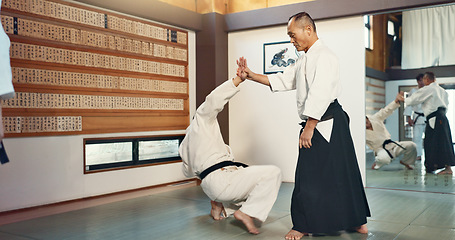 Image showing Sensei, students and fight, aikido for fitness and martial arts training class with self defense and discipline. Combat, education and black belt with Japanese men and workout for exercise in dojo