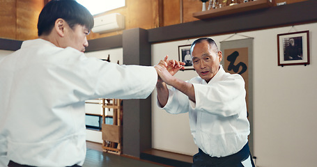 Image showing Aikido, sports and martial arts training class with students and sensei, self defense and discipline. Fitness, fight and education, black belt with Japanese people and workout for exercise in dojo.