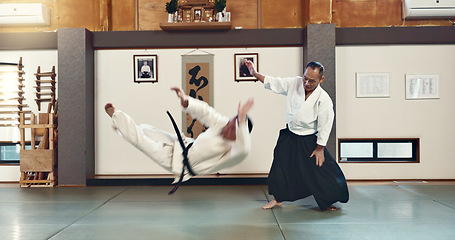 Image showing Aikido, sensei and fight with a master in martial arts with student in self defence, discipline and training. Demonstration, class or Japanese man with black belt in fighting with education of skill