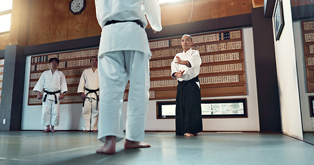 Image showing Aikido, sensei and Japanese students with fitness, training and action in class for defence or technique. Martial arts, people or fighting with discipline, uniform or confidence for culture and skill