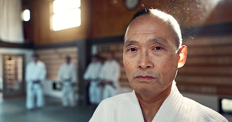 Image showing Sensei, aikido and training dojo for martial arts practice or Japanese traditional sport, fighting or health. Male person, gee uniform and face for fitness challenge or power, champion or confidence