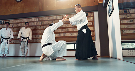 Image showing Aikido, sensei and Japanese students with discipline, fitness and action in class for defence or technique. Martial arts, people or fighting with training, uniform or confidence for culture and skill