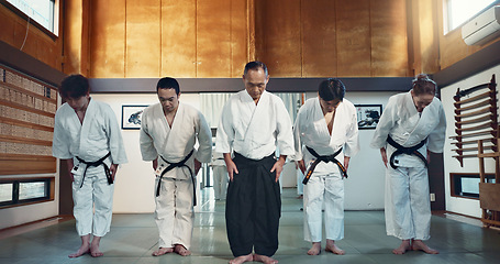 Image showing Martial arts group, men and bow at training, respect or honor for fight, conflict or competition in dojo. Senior sensei, Japanese students and together for aikido with exercise, workout or discipline