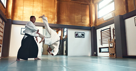 Image showing Aikido, fight and sensei master in martial arts with training of student in self defence or discipline. Class, demonstration and Japanese man with black belt in fighting for education of skill