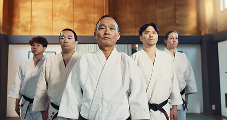 Image showing Japanese man, face and sensei in aikido for respect, honor and dignity with group in martial arts class. Portrait of male person or people in commitment for self defense, training or practice at gym