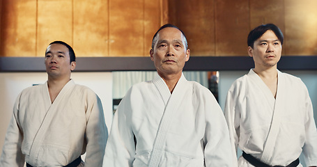 Image showing Japanese man, face and sensei in aikido for respect, honor and dignity with group in martial arts class. Portrait of male person or people in commitment for self defense, training or practice at gym