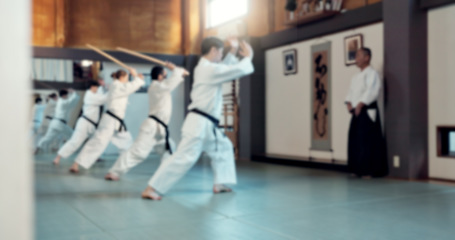 Image showing Teacher, students and taekwondo, karate and men in self defense class for learn to fight and muay thai for discipline. Exercise, traditional Asian sports and health, action and challenge in lesson