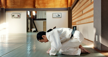 Image showing Asian man, class and bow in dojo for respect, greeting or honor to master at indoor gym. Male person or group in karate bowing on floor for etiquette, attitude or commitment in martial arts together