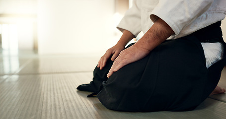 Image showing Asian man, student or bow in dojo for respect, greeting or honor to master at indoor gym. Closeup of male person or karate trainer bowing for etiquette, attitude or commitment in martial arts class