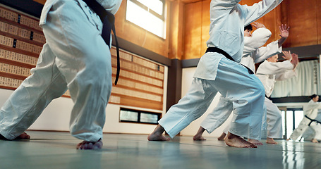 Image showing Students, Japanese people in aikido class for fitness and martial arts training class with self defense and discipline. Combat, fight and education, black belt with workout for exercise in dojo