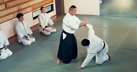 Image showing Aikido, class and fight with a master in martial arts with student in self defence, discipline and training. Technique, demonstration or Japanese sensei with black belt skill in fighting or education