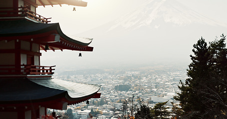 Image showing Japanese temple, pagoda building with nature and architecture, religion and tradition for travel and environment. Traditional real estate, faith with culture and landmark, mountain and Buddhism