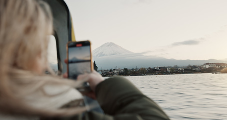 Image showing Recording, lake and woman with a smartphone, screen and vacation with network, journey and adventure. Person, outdoor and girl with a cellphone, social media and nature with digital app and explore