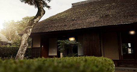 Image showing House, garden and sunshine with trees in Japan of building, structure or Japanese architecture. Outdoor home design or eco friendly environment in Tokyo with natural greenery or scenery on sunny day