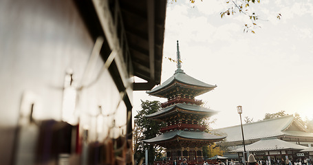 Image showing Building, architecture and Japanese temple, traditional and outdoor for travel, religion and worship. Nature, landscape and tourism in Fushimi Inari Taisha Shrine, Kyoto with landmark and pagoda