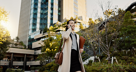 Image showing Cit, phone call and woman with business, speaking and walking with network, digital app and communication. Japan, person and worker with a cellphone, connection or smile with contact and professional