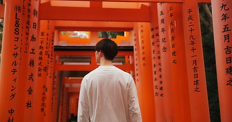 Image showing Man, torii gate and Japanese culture on trip, travel and traditional landmark for spirituality. Buddhism, monument and back of person in Kyoto, worship and prayer or peace in Fushimi Inari Shinto