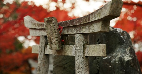 Image showing Statue or shrine in forest with spiritual history, Japanese culture and vintage art in nature. Travel, landmark and stone nezu jinja sculpture in woods with stone monument, trees and worship to god