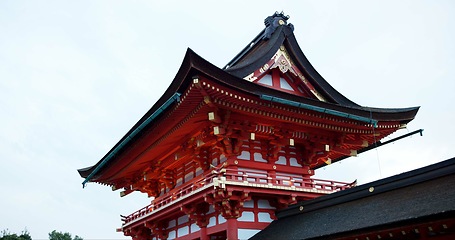 Image showing Architecture, building and shinto temple for religion, travel and traditional landmark for spirituality. Buddhism, Japanese culture and trip to Kyoto, zen and pray in landscape by sky background