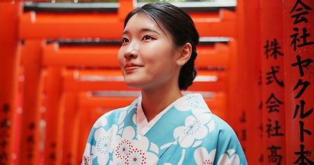 Image showing Thinking, temple and Japanese woman with adventure, choice and opportunity with planning, wonder and travel. Person, outdoor and girl with decision, explore and calm with peace, culture and thoughts